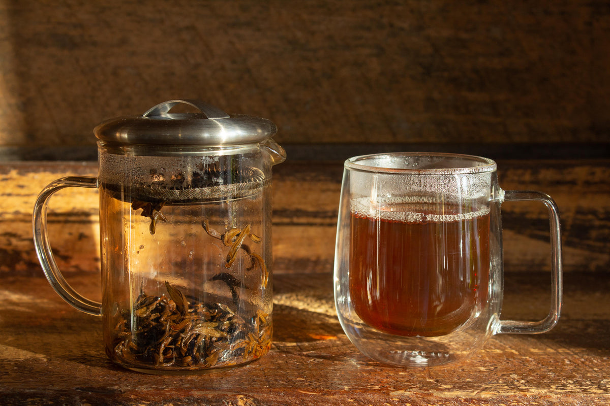glass infuser of brewed black tea next to a glass cup of brewed black tea on a wood background