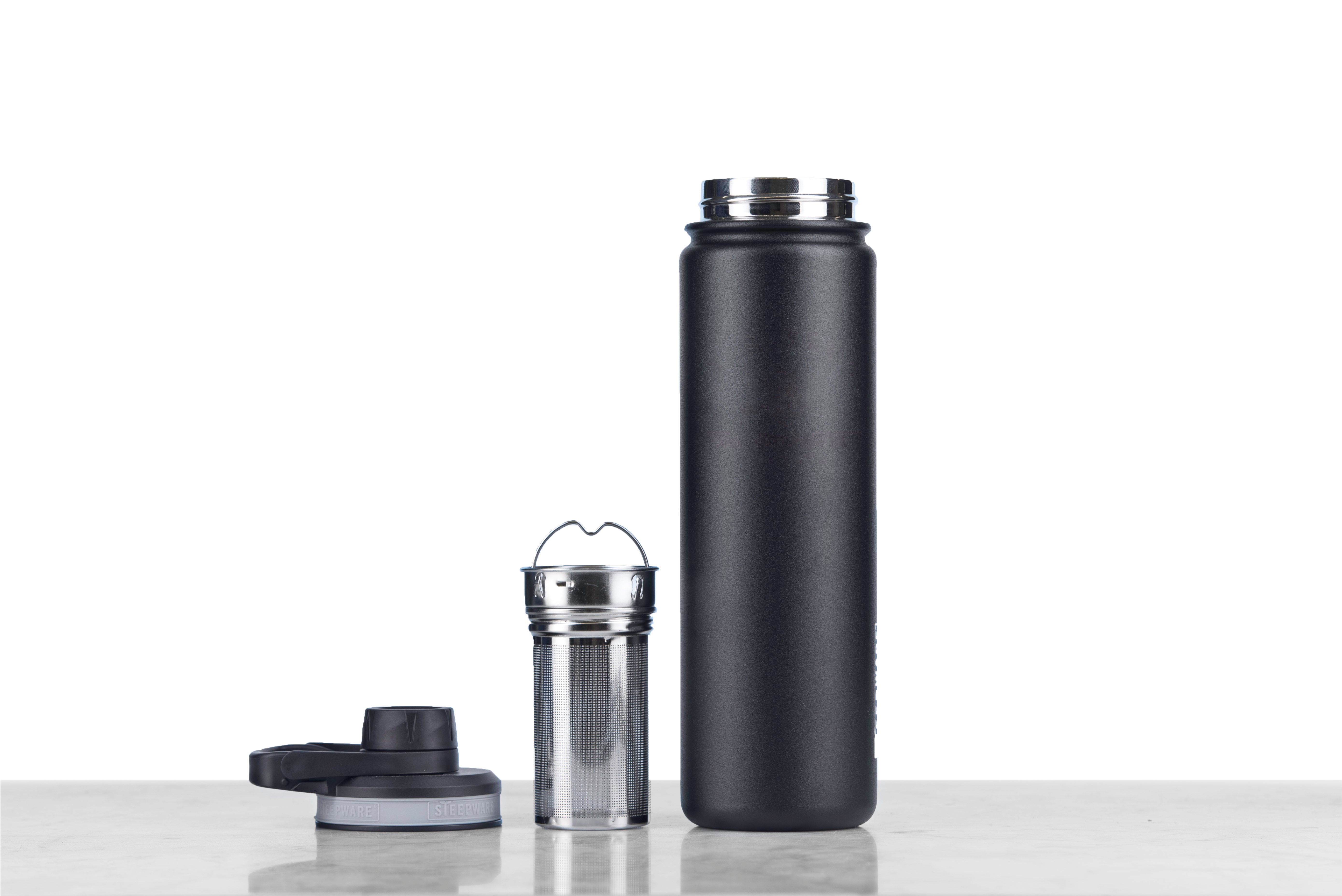 A black tea tumbler with a stainless steel infuser basket.