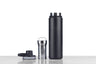 A black tea tumbler with a stainless steel infuser basket.