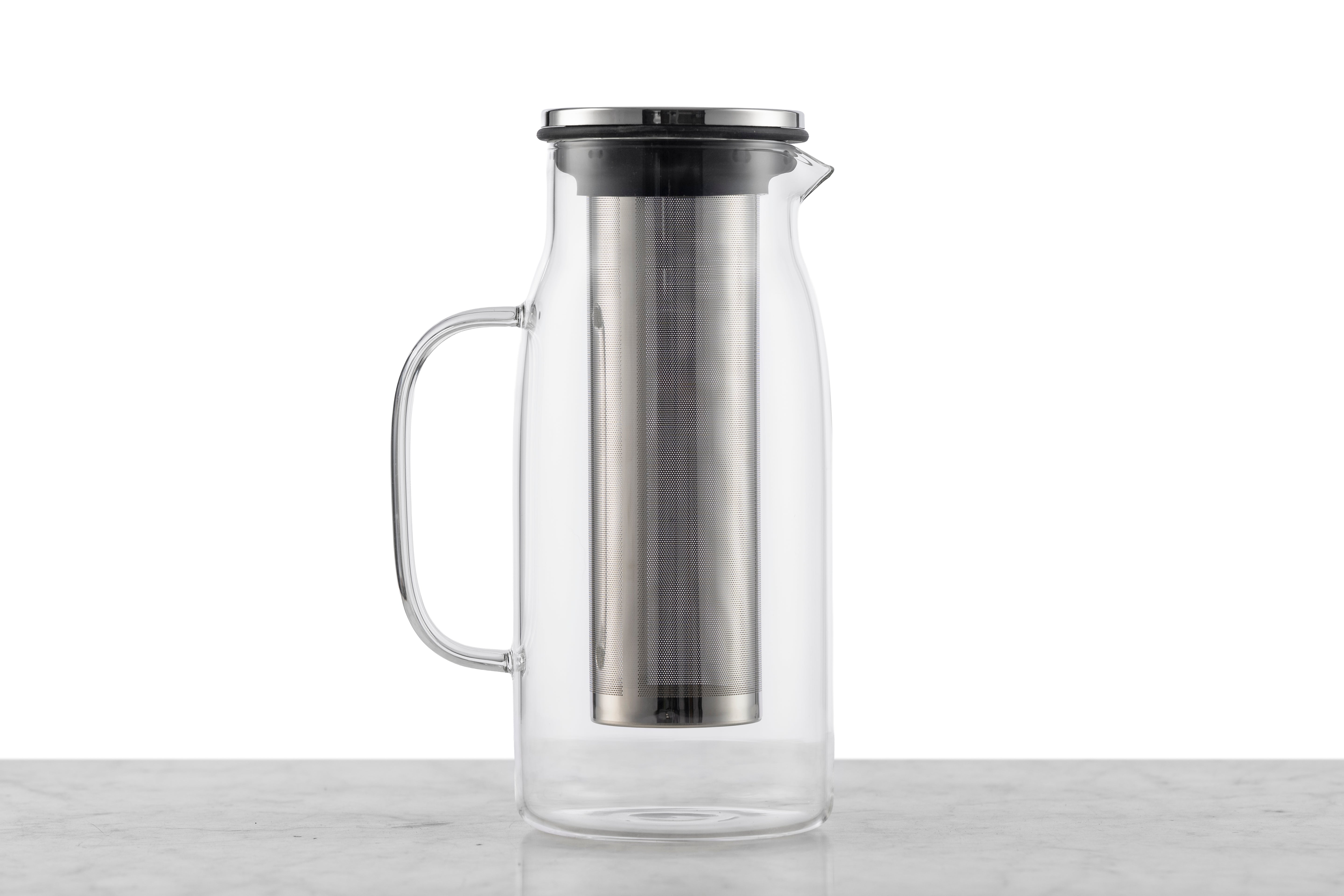 A 1 quart glass iced tea pitcher with a detachable infuser for loose leaf tea.