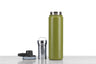 A green tea tumbler with a stainless steel infuser basket.