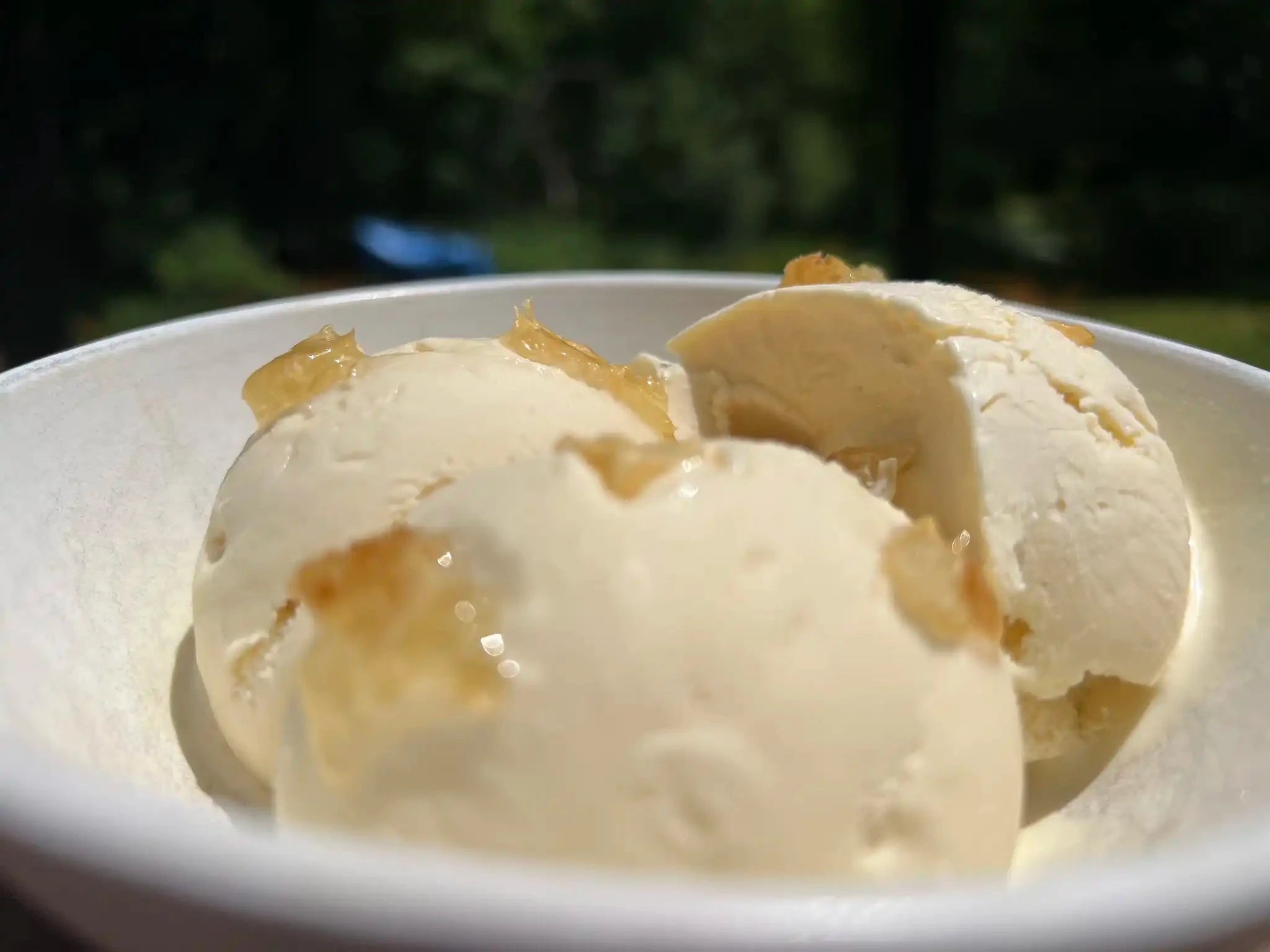 closeup of three scoops of vanilla and honey ice cream studded with gooey honeycomb pieces in a white bowl
