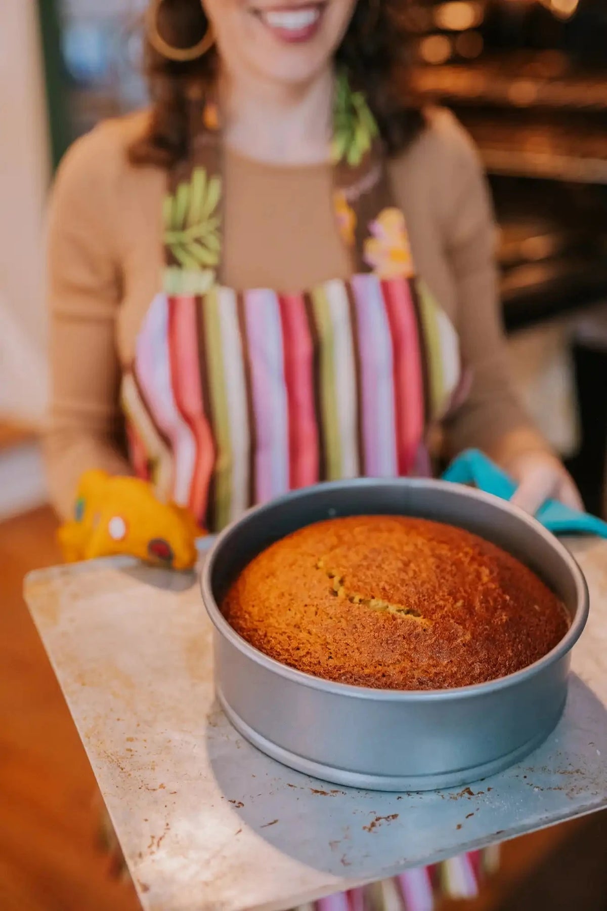 baked honey olive oil cake removed from oven