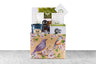 A gift basket containing a stoneware mug with a bee logo, a stainless steel tea infuser, a stainless steel tea scoop, two bags of loose leaf tea, a jar of wildflower honey, and a gift card.