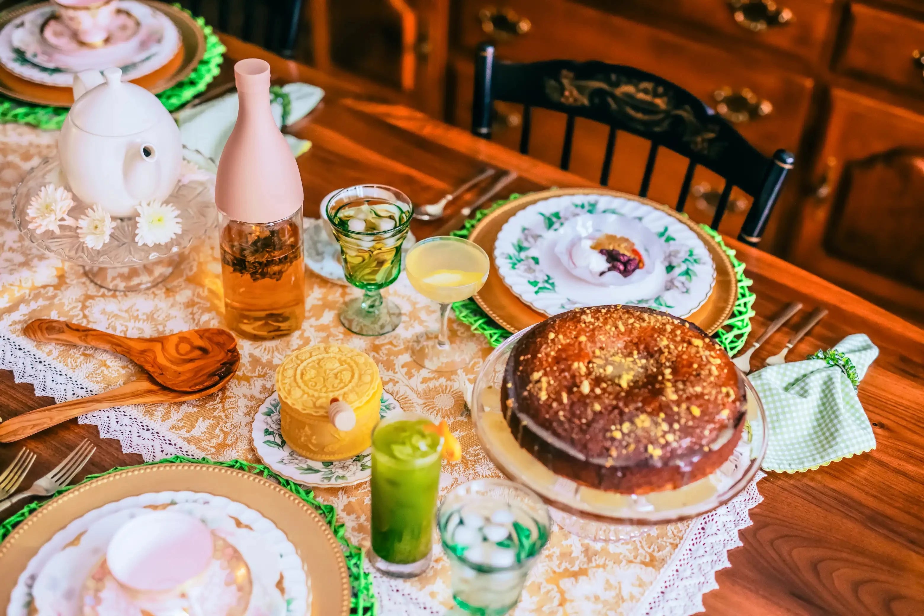 mat-cha-cha cocktail at spring brunch with cake and whipped ricotta honeycomb dessert