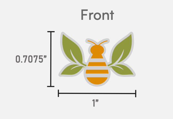 Rendering of Tea Bee enamel pins with dimensions: 0.7075" high and 1" wide