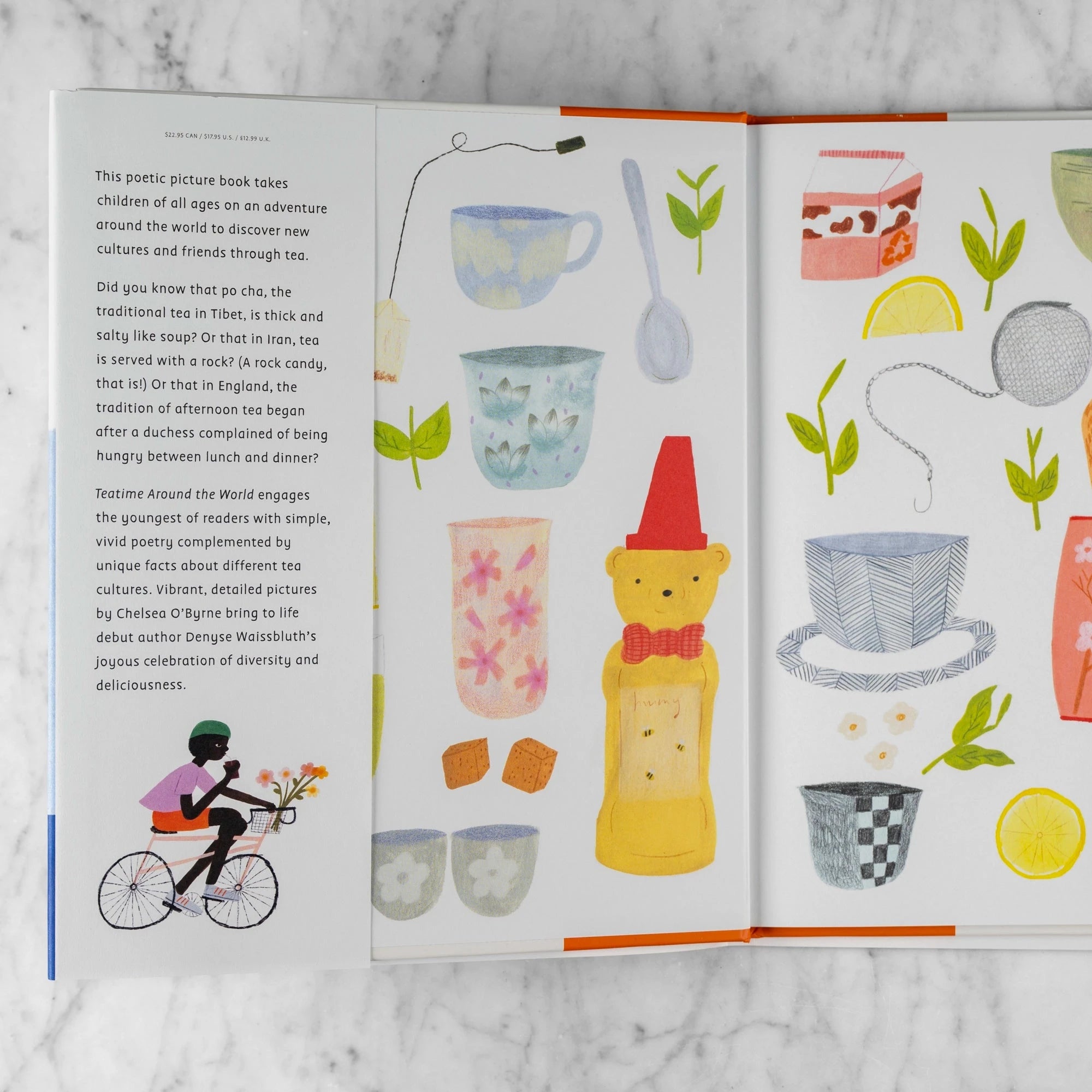 Inside flap of Teatime Around the World. Illustrations show tea cups, milk, honey, and other teatime things. Reads: "This poetic picture book takes children of all ages on an adventure around the world to discover new cultures and friends through tea..."