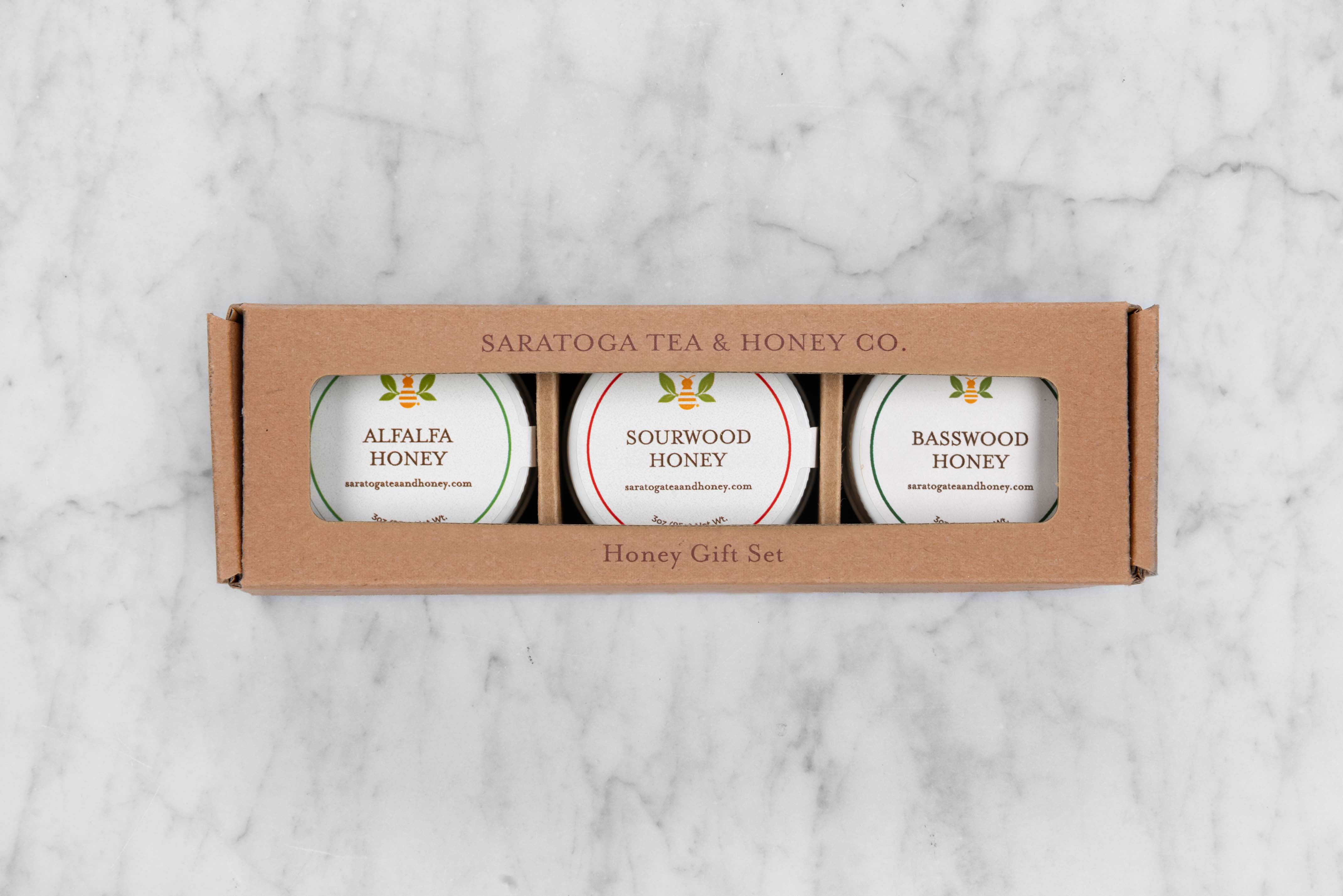 Traditional Honey Gift Set featuring three mini honeys: Alfalfa Honey, Sourwood Honey, and Basswood Honey.