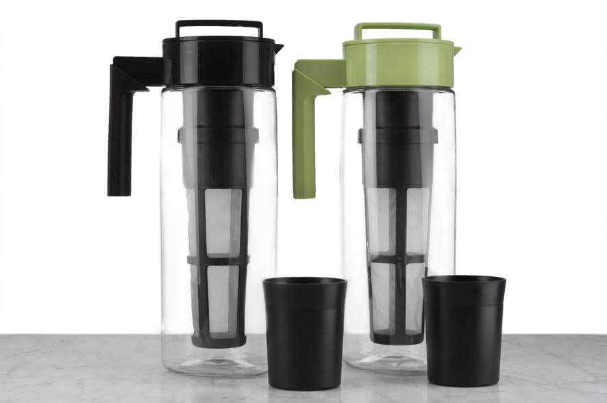 one black and one green iced tea pitcher with infuser for loose leaf tea