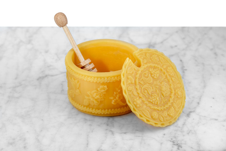 Beeswax Floral Motif Honey Pot with Wooden Dipper
