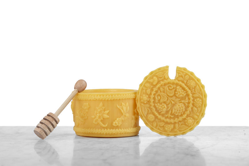 Beeswax Floral Motif Honey Pot With Removed Lid and Honey Dipper